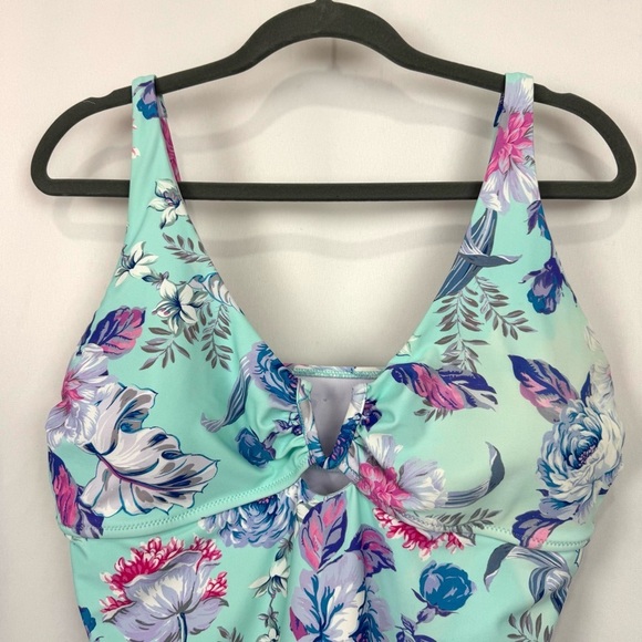 Nanette Lepore Women's Sz 12 Blue Floral Tankini Swimsuit Top Coastal Beachy EUC - Picture 2 of 10